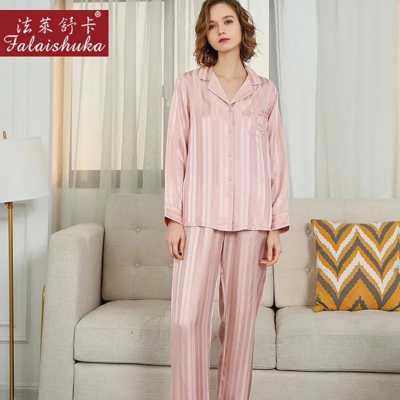 Sexy Pink Striped 100% silk pajamas sets women sleepwear long sleeves Korean Elegant genuine silk womens pyjamas T8235