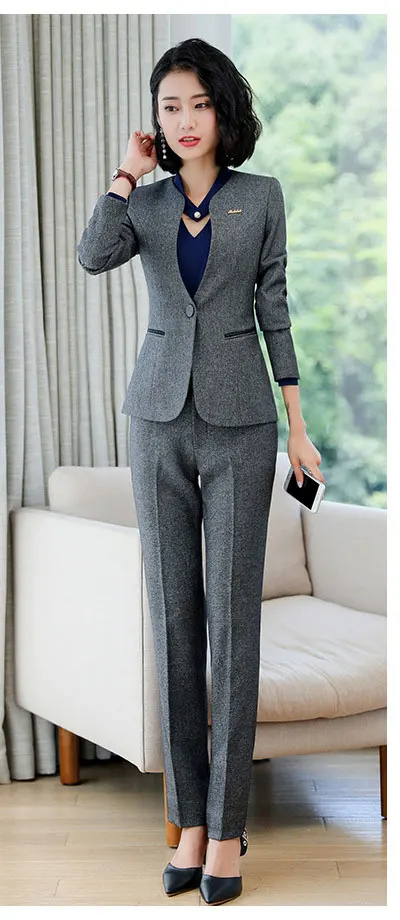 gray coat and pant IZICFLY стиль осень серый брючный и пиджак костюм Женская рабочая одежда офисный элегантный деловой костюм из двух предметов женские офисные брючные костюмы - Цвет: gray coat and pant
