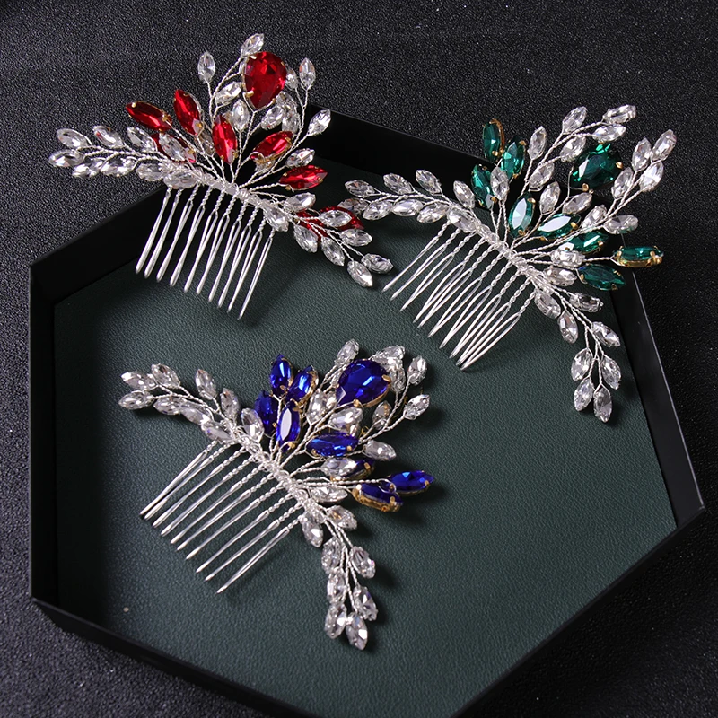 Handmade Tiara Hair Combs Red Blue Green Crystal Rhinestone Wedding Headpiece Hair Accessories For Women