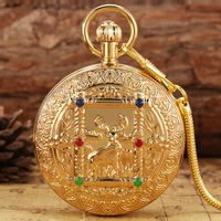 elk carving gold copper case pocket watch men double open automatic mechanical digital dial pendant clock women memorial gift