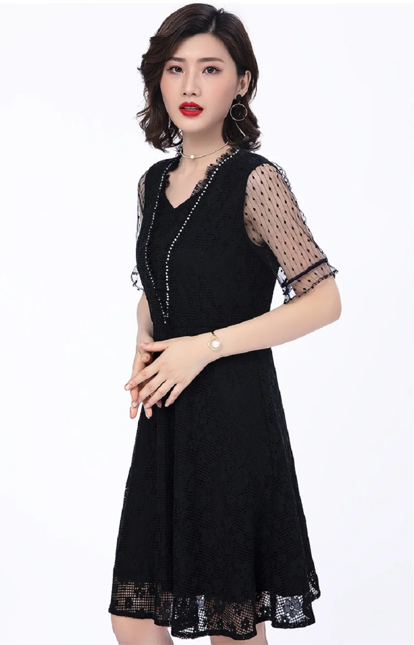 

2020 Fashion ladies summer dress square collar short sleeves beaded black dress lace mesh patchwork pinched waist A-line dress5X
