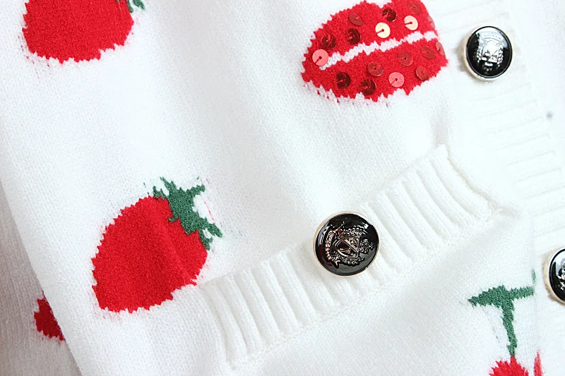 

Runway Women Cardigans 2020 Autumn Spring White Strawberry Sweater V-neck Coats Lips Sequins Knitted Long Loose Casual Outwear