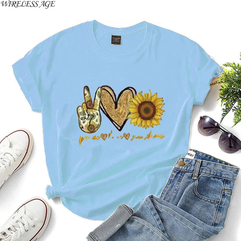 

WIRELESS AGE T Shirt Women Short Sleeve Round Neck Cotton Love Flowers Printed Loose Casual Women's Tops Summer Fashion Wild