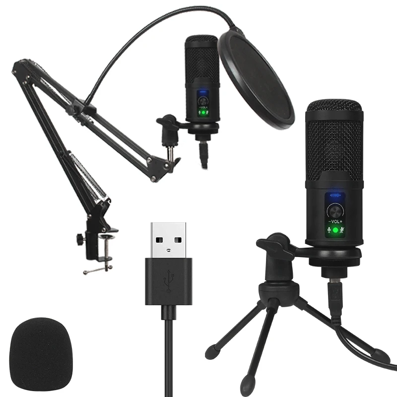 Металлический конденсаторный USB микрофон с ударным креплением ножничным рычагом