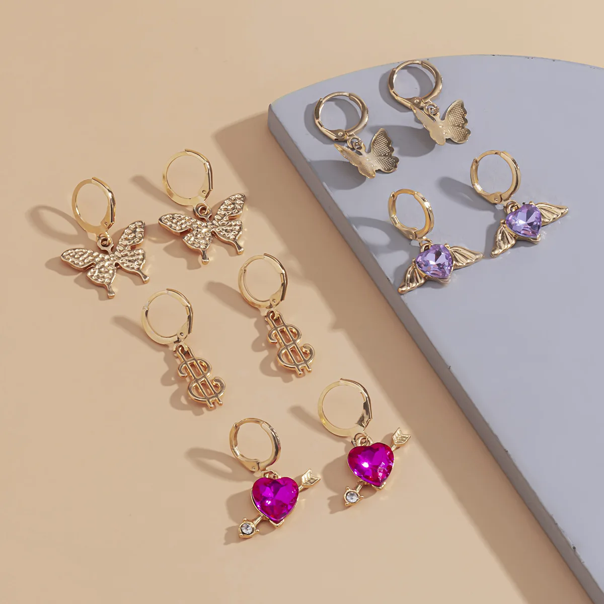 

5 Pairs Fashion Micro Gold Metal Cute Inlaid Butterfly Heart Dangle Earrings for Women