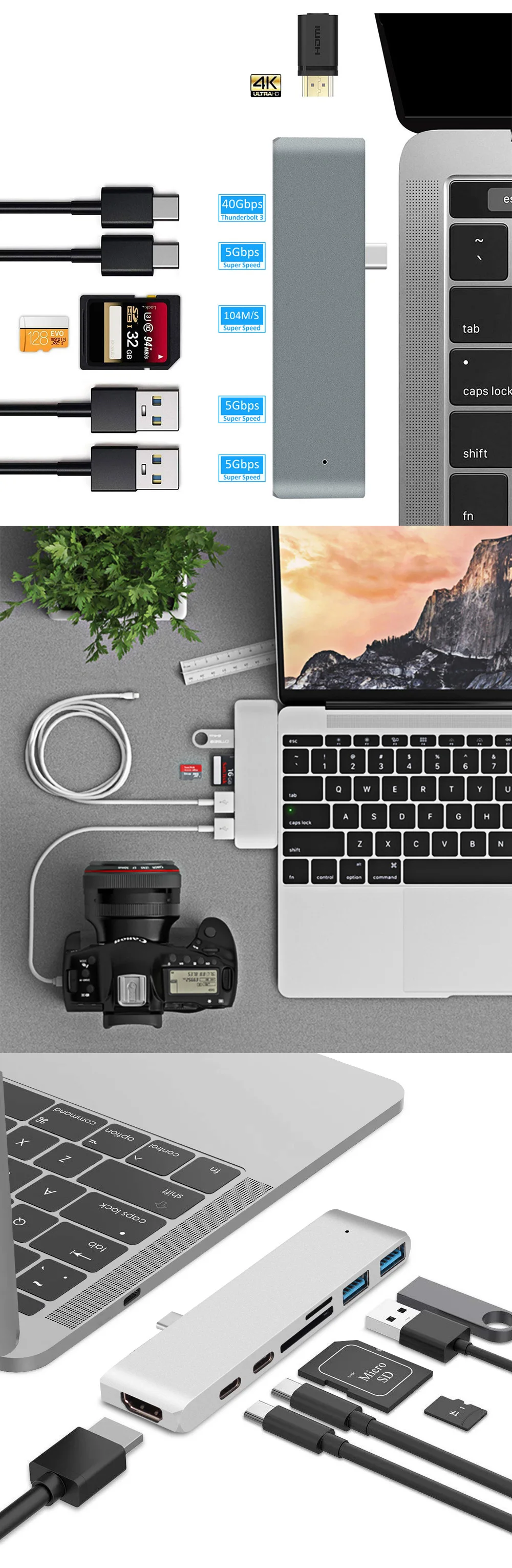 USB C концентратор Алюминиевый Мульти адаптер с 4K HDMI SD кард-ридер type-C зарядный порт USB 3,0 хаб 7 в 1 для MacBook ноутбука Настольный