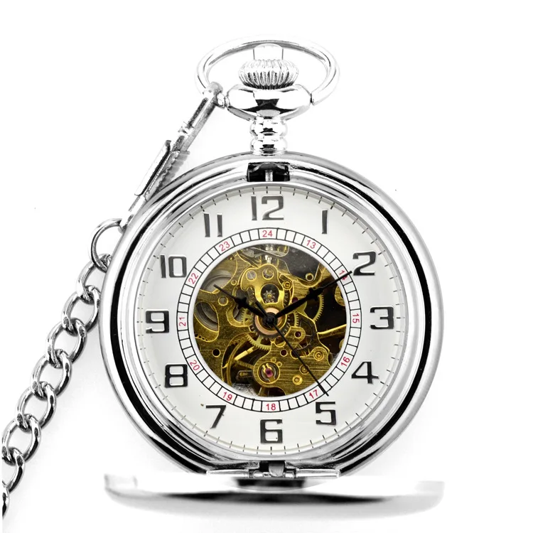 Silver Polished Skeleton Hand Style Mechanical Pocket Watch Vintage Gentleman Pendant Accessories Clock Fashion Men's Watch