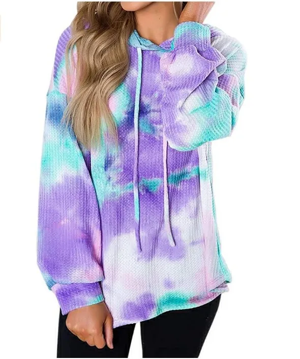 Tie Dye Hoodie Women Waffle Long Sleeve Tie Dye Sweatshirt for Autumn Winter Red Green Pink Hoodie Fashion Thin Moletom Tie Dye