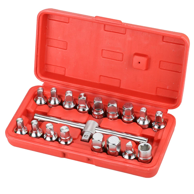 

18PCS Oil Drain Pipe Plug Socket Set Oil Pan Screw Sleeve Wrench 3/8-Inch drive Sliding T-bar Removal Kit