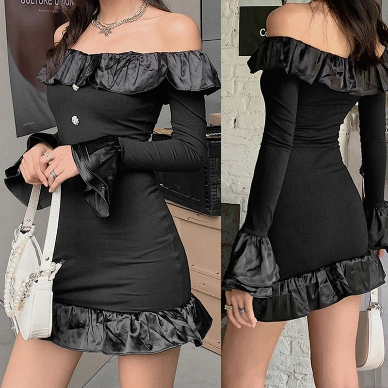 

Women Sexy Flare Long Sleeve Off Shoulder Ruffles Rhinestone Bodycon Mini Dress