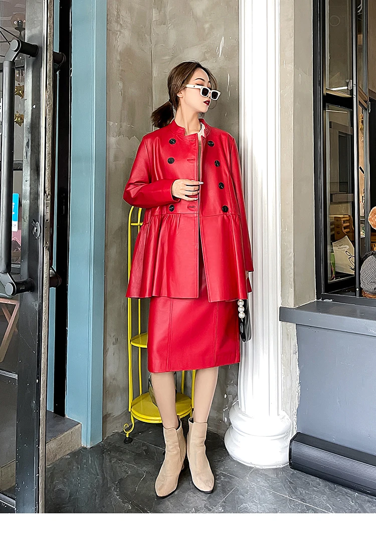 Autumn  Korean Style Women's High Quality Double-breasted Stand Collar Genuine Leather Coat C417