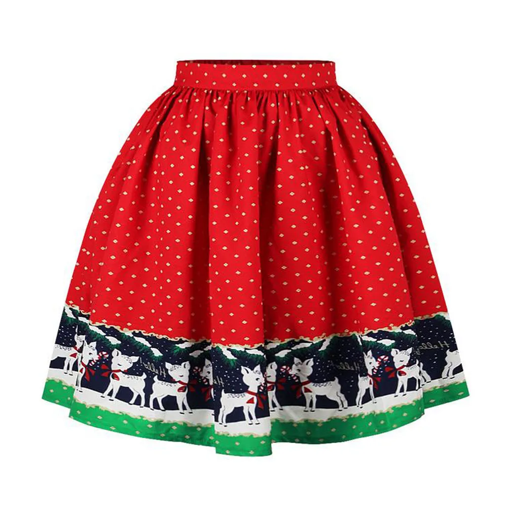 Vintage Flared A-Line Skirt Women Elastic High Waist Christmas Print Pleated Midi XMAS Retro Party Swing Skirts Womens | Женская одежда