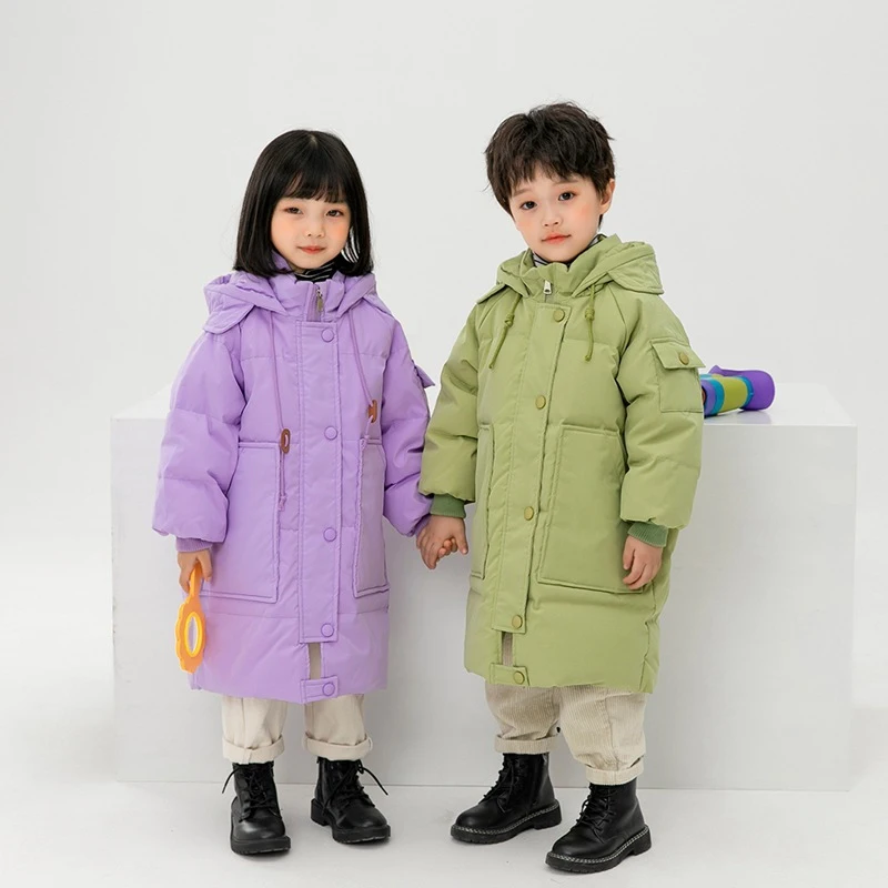 

Детский пуховик, зимнее пальто на белом утином пуху для девочек и мальчиков, уличная утепленная длинная куртка с капюшоном для снежной пого...