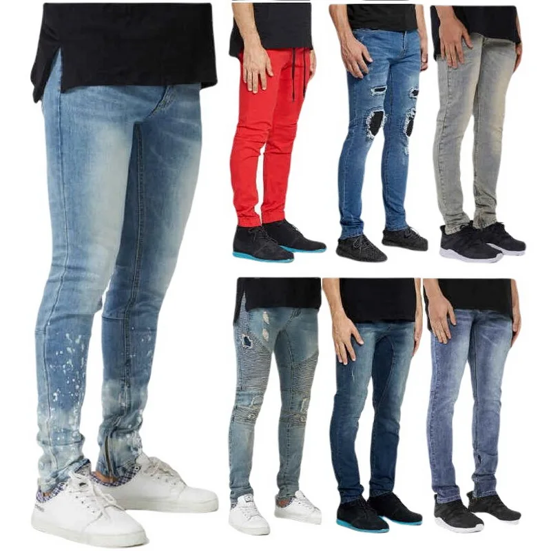 Джинсы мужские зауженные стрейчевые рваные брюки из денима с вышивкой