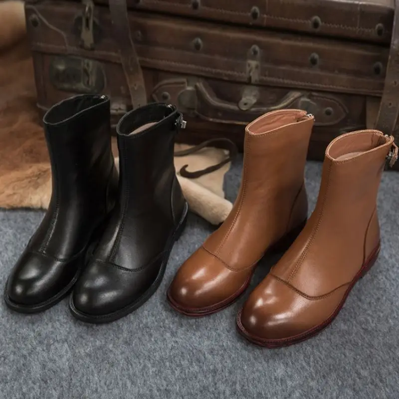 

RIZABINA Real Leather Women Ankle Boots Flats Metal Decoration Zipper Shoes Round Toe Warm Boots Winter Footwear Size 34-39