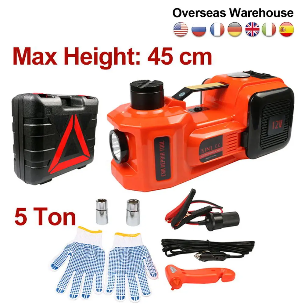 

Car Jack Electric 12V 5T 45cm 3 in 1 Electric Hydraulic Floor Rolling Jack Tire Inflator Pump LED Flashlight Safe Hammer