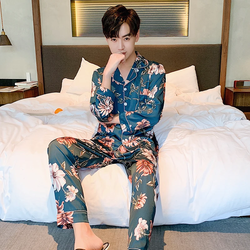

Men's Pajamas Set Autumn Leisure Pijama Mujer Boys Satin Sleepwear Silk Man Long Sleeve Nightwear Elastic Waist Pant Home Cloth