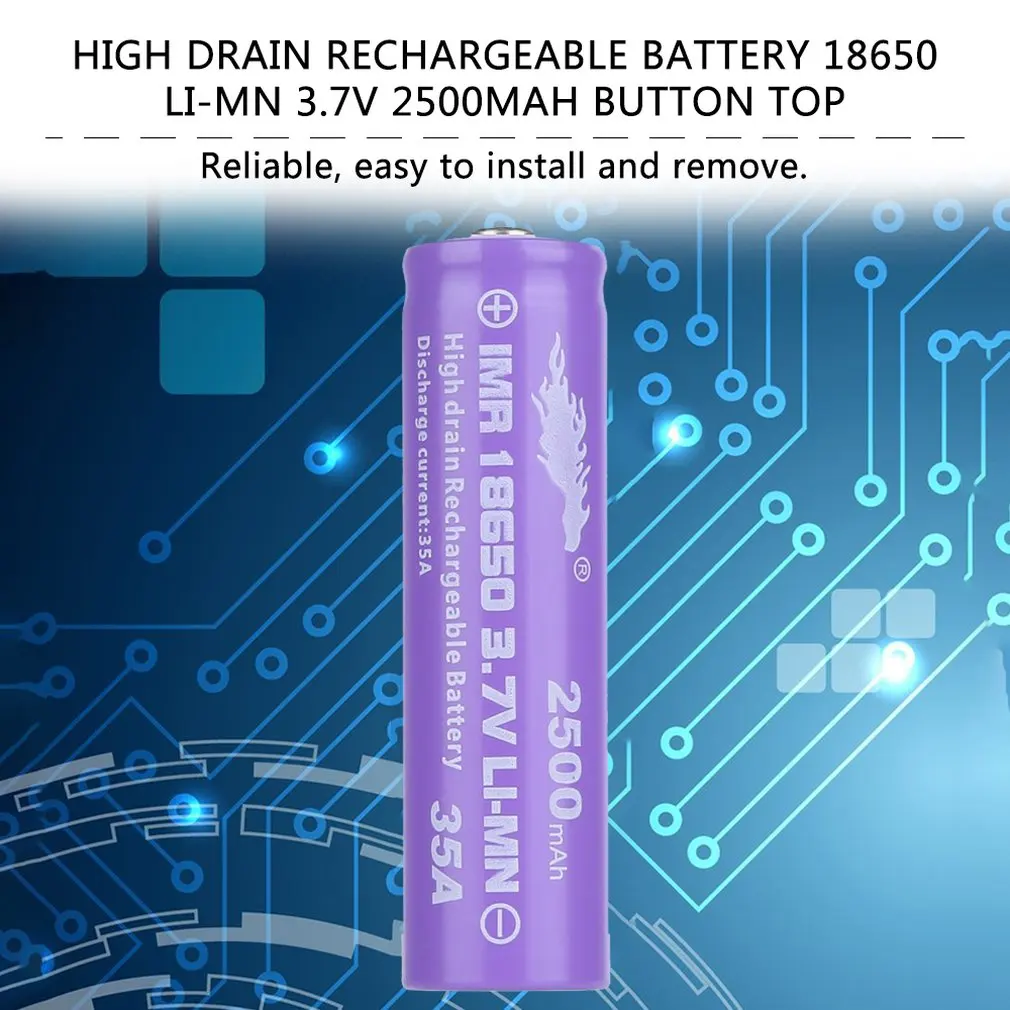 1 шт./лот 18650 LI-MN 2500 мА/ч, 3,7 V высокий поток энергии перезаряжаемый кнопка батареи топ для светодиодный фонарик Фонарь в оболочке Батарея фиолетовый