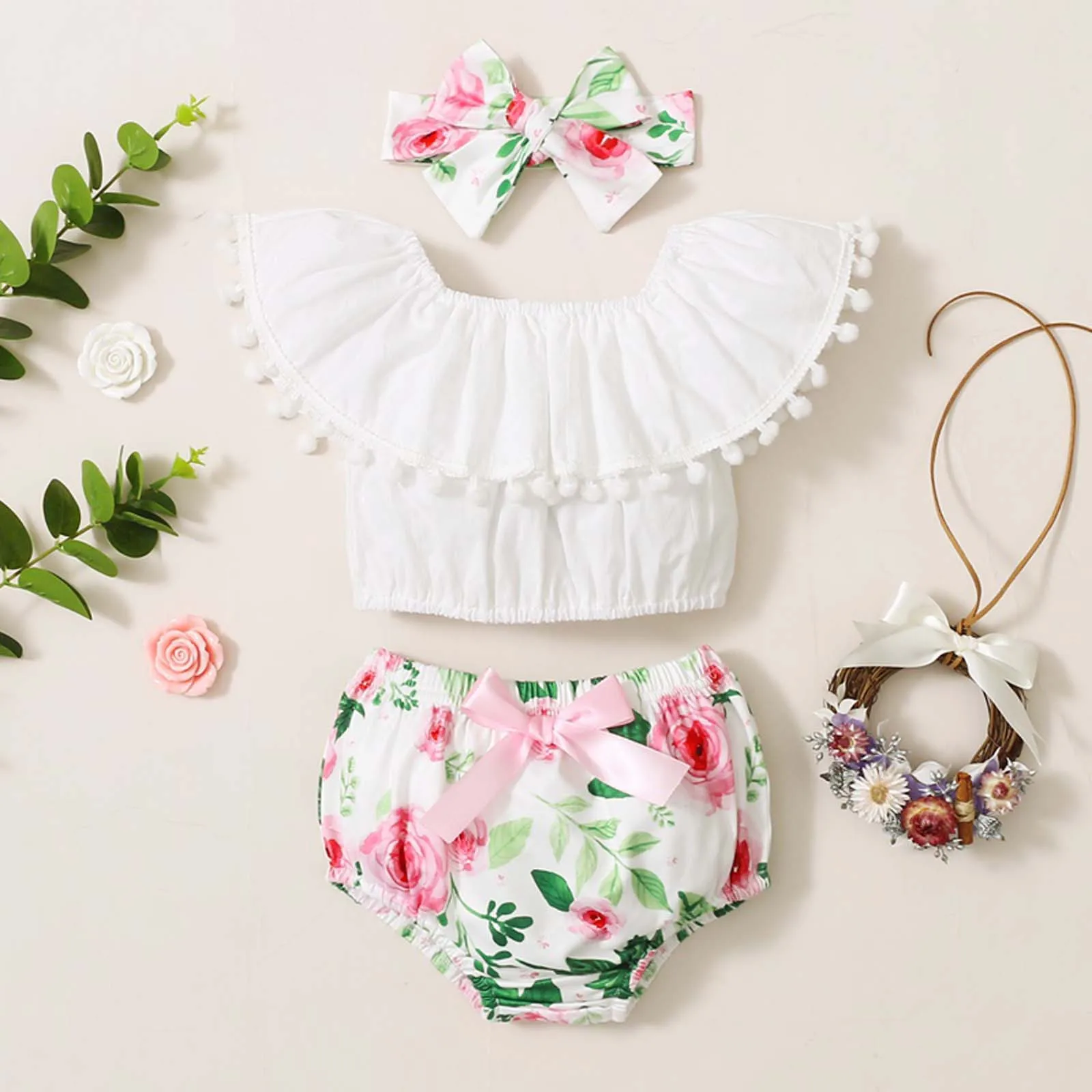 

Summer Newborn Infant Baby Clothes Toddler Kid Baby Girls Summer Sleeveless Top Print Shorts Headwear Clothes Suit Girl Set