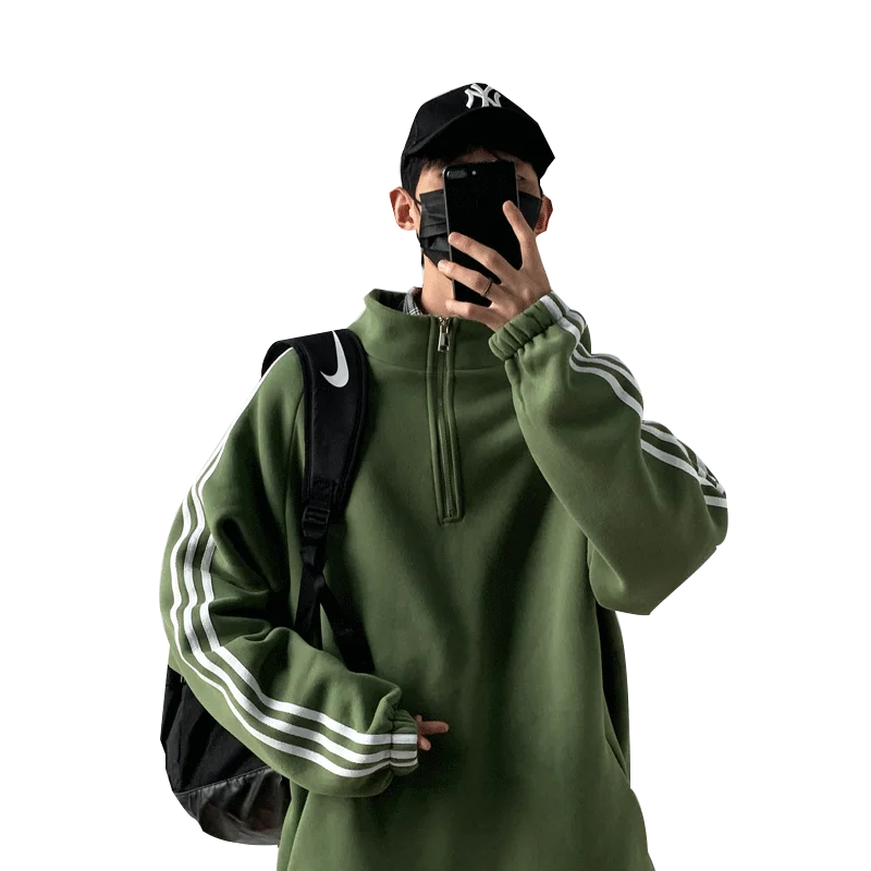 

Autumn and winter plus velvet clothes men's harbor wind trend pullover thick warm coat clothes boys striped collar top tide tide