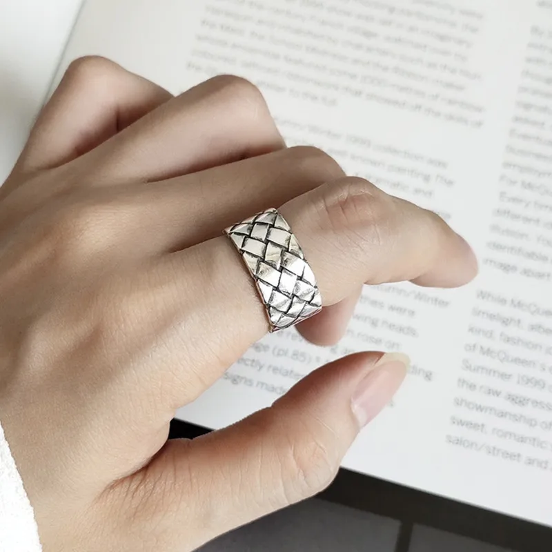 Authentic 925 Sterling Silver Fashion Retro Wide-Face Woven Mesh Opening Ring Fine Jewelry For Women Party Gift | Украшения и