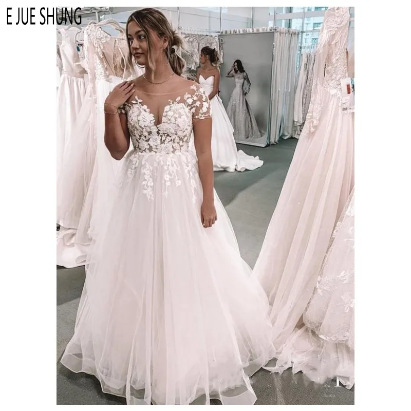 

E JUE SHUNG Modern Backless Wedding Dresses Short Sleeves Sheer Scoop Neck Appliques Illusion Bridal Gowns vestido de noiva