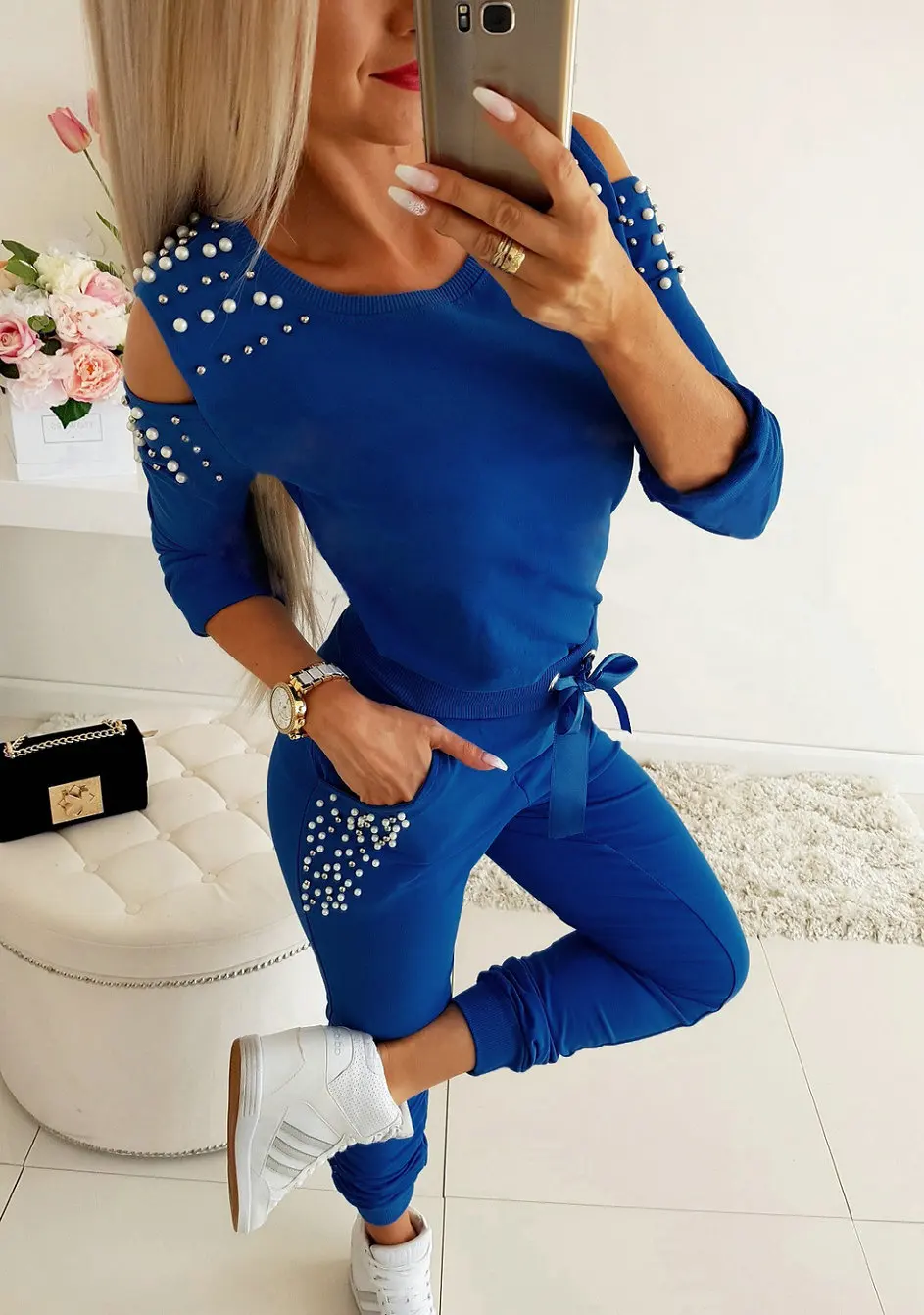 Костюм спортивный женский повседневный Длинный свитшот с открытыми плечами и