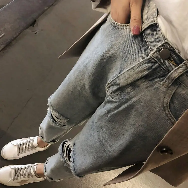 

Summer high waist 9-cent beggars' pants and perforated jeans