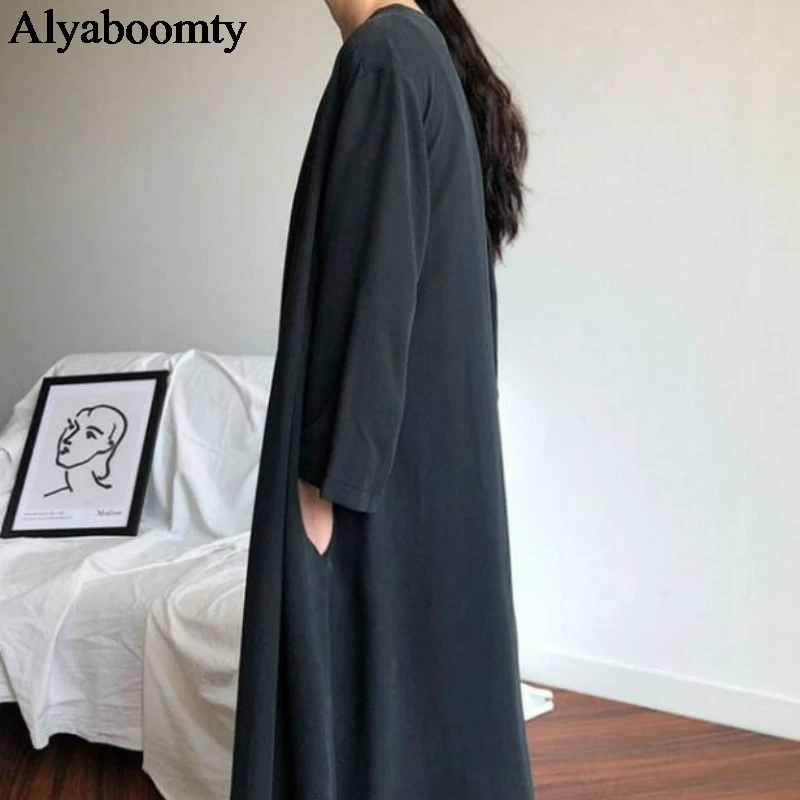 Женское длинное платье-рубашка с V-образным вырезом и поясом | Женская одежда