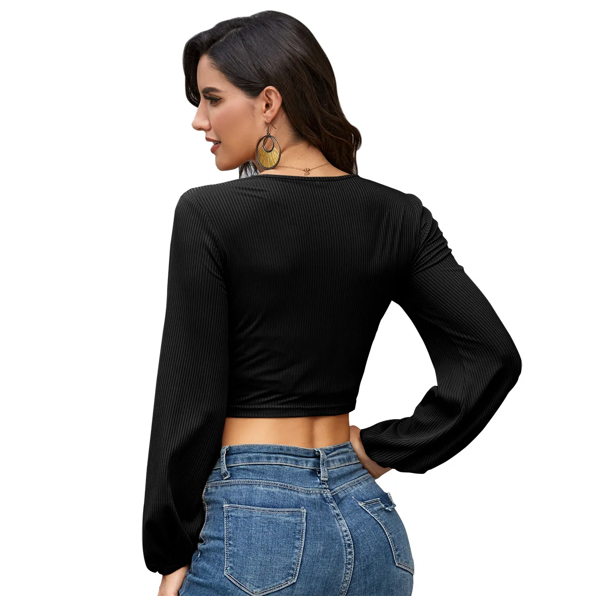 Женская футболка с длинным рукавом глубоким V-образным вырезом | одежда