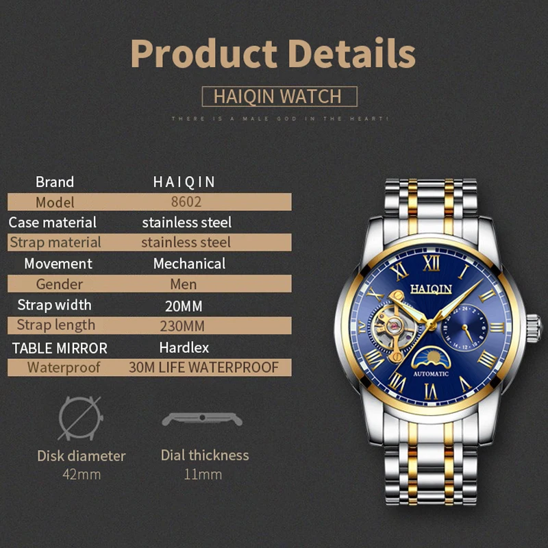 Часы наручные HAIQIN Мужские механические модные деловые брендовые Роскошные в