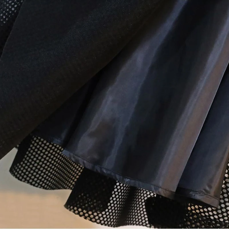 

2021 Spring Summer Fashion Women High Waist A-line Knee-length Skirts Plaid Hollow Out Mesh Swing Skirts Plus Size