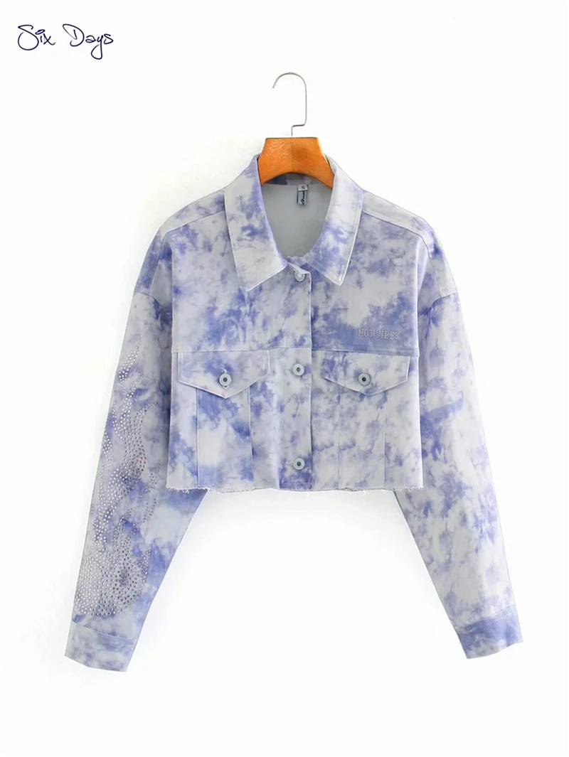 

Spring Tie-Dye Diamonds Frayed Hem Jeans Jacket Women Long Sleeve Denim Jacket Crop Top Girl Short Coat Mujer Casual Outerwear