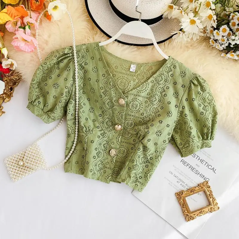 Women Sexy Hollow Out Crop Tops New 2020 Summer Sweet Puff Sleeve V Neck Short Blouse Ladies Lace Gold Button White Shirts | Женская
