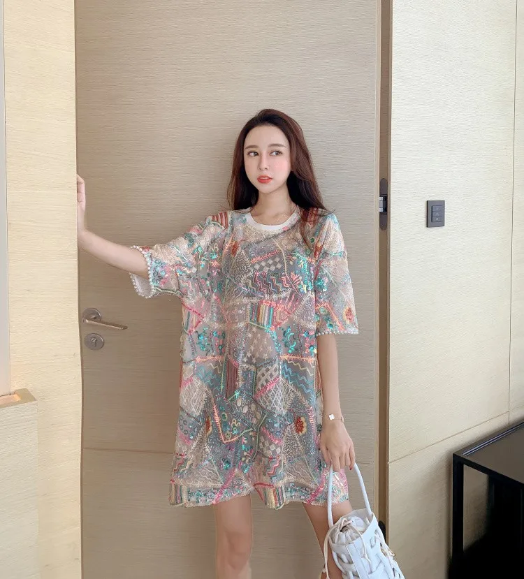 

2021 Summer Fashion New Loose Plus Size Female Top Embroidery Sequins Lace Mid-Length Tee Slimming Short Sleeve Women T-shirt