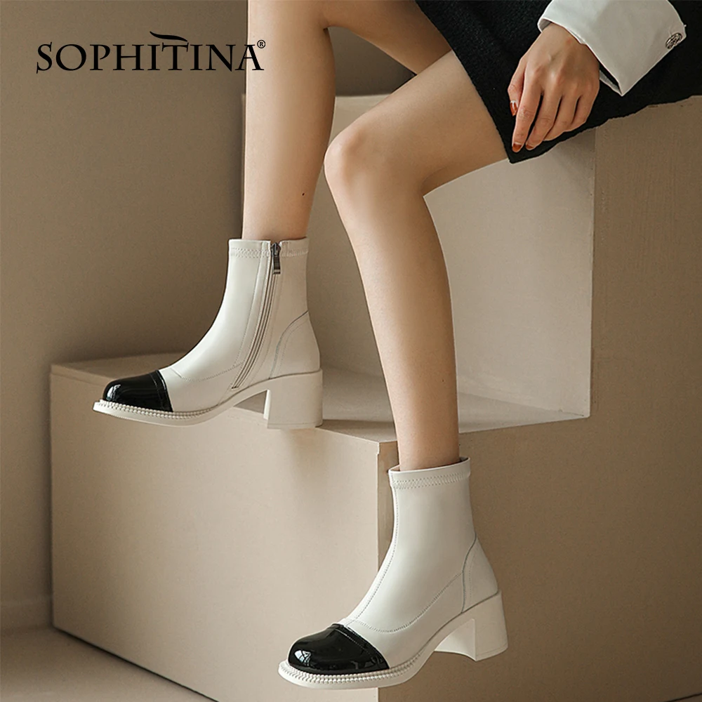 

Женские ботильоны из мягкой натуральной кожи SOPHITINA, модные современные уличные теплые ботинки на блочном каблуке, с плюшевой подкладкой, HO740