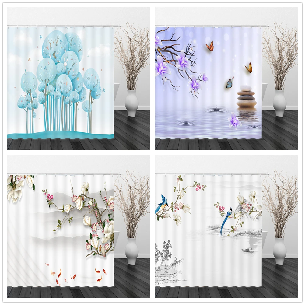 

Мультяшный пейзаж, занавески для душа, цветы, птица, Бабочка, тюльпан, пион, лотос, ванная комната, Декор, водонепроницаемый полиэстер, ткань, ...