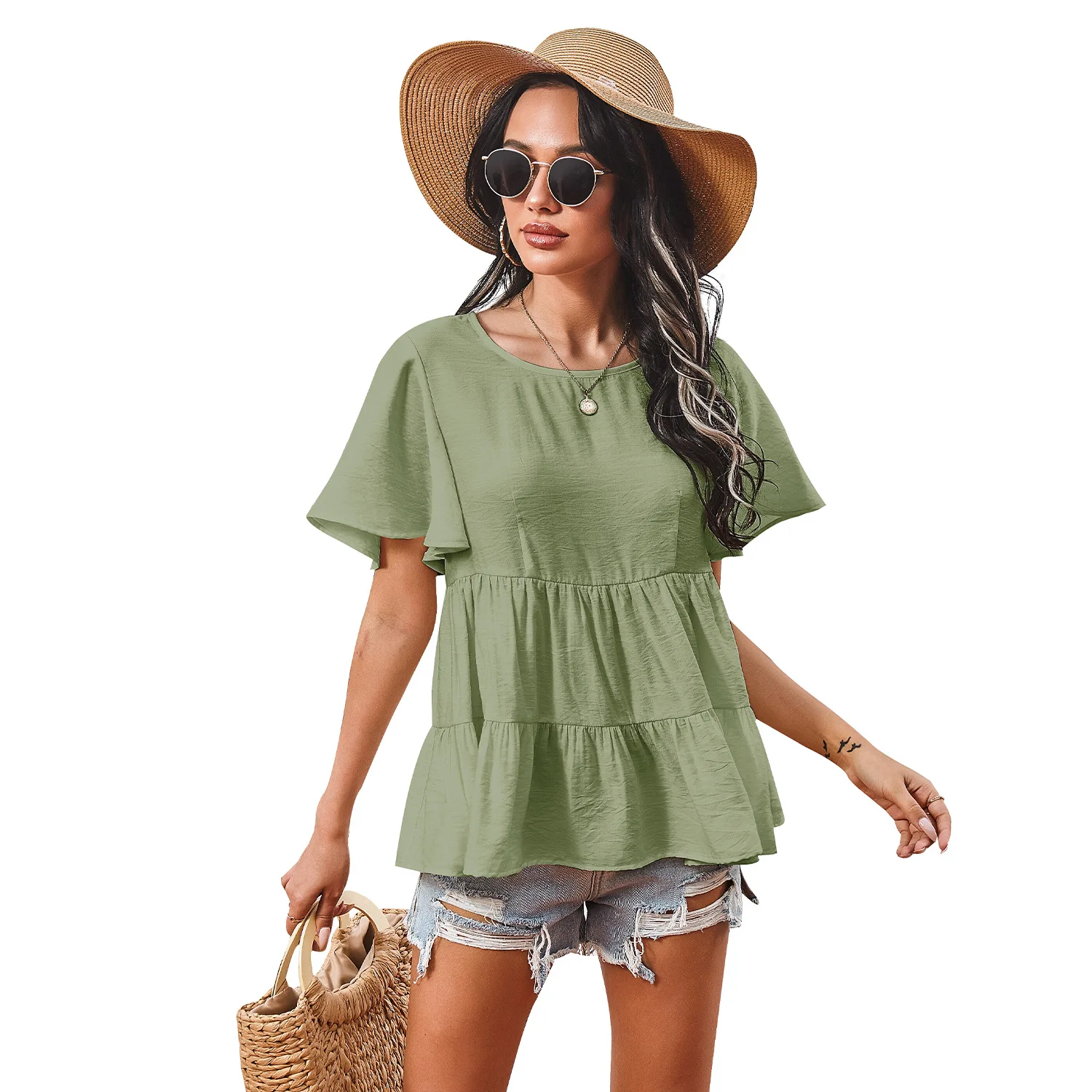 

Donsignet Fashion Women's T-shirt Summer Hot Sale Casual Round Neck Pullover Solid Color Ruffled Ruffled Short-sleeved T-shirt