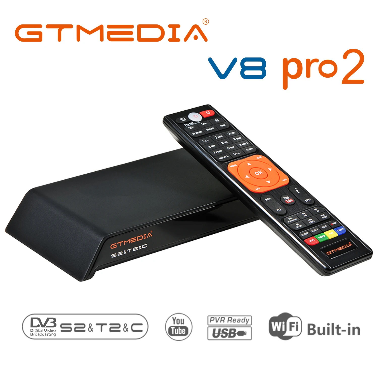 

GTMEDIA V8 PRO 2 Satellite TV Receiver, 1080P Full HD DVB-S2 T2 Cable Turner H.265 Bulti-in WIFI Youtube Set Top Box Decoder