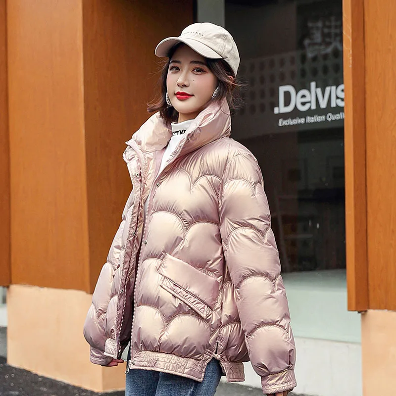 2023 Winter New Glossy Down Parka Thick Women Waterproof Stand-Up Collar Jacket Large Size Loose Warm Snow Shiny Overcoat