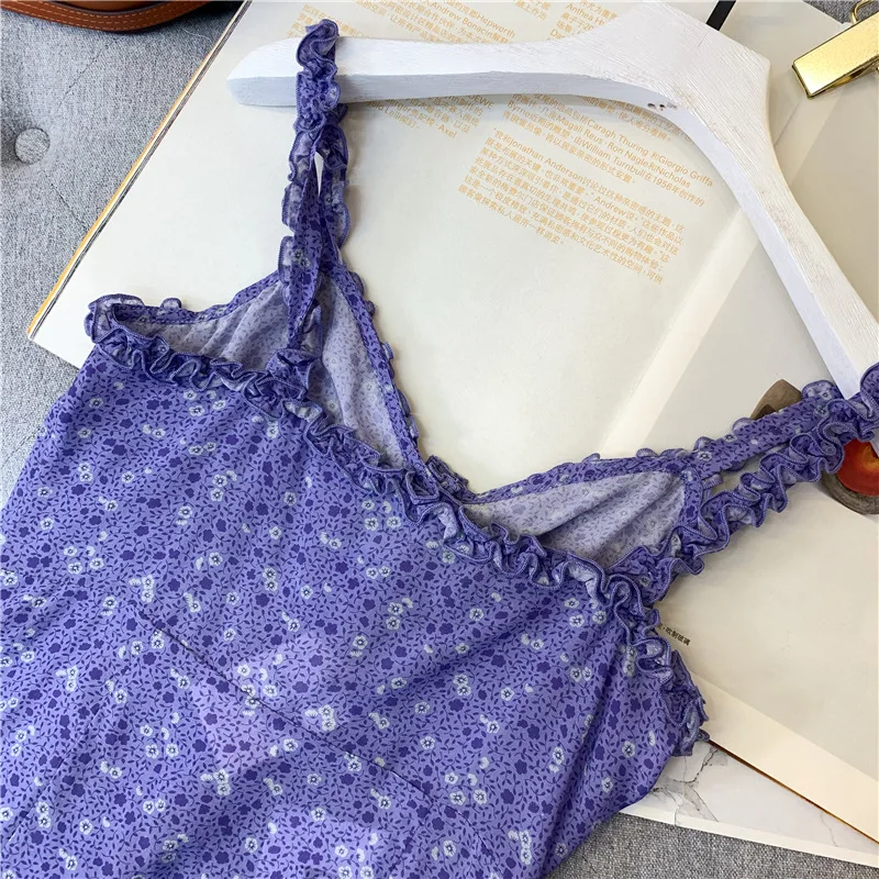 

2020 New Women violet floral Women Mini Dress Sling Ruffles Single-breasted fairy Short dresses 100% Silk Sundress