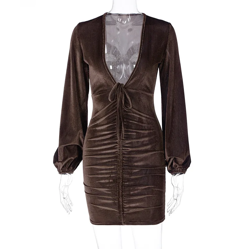 

Sexy Dress Women Summer 2021 Spring Streetwear Elegant Solid Color Sexy Robe Deep V-Neck Long Sleeve Mini Party Dresses Vestidos