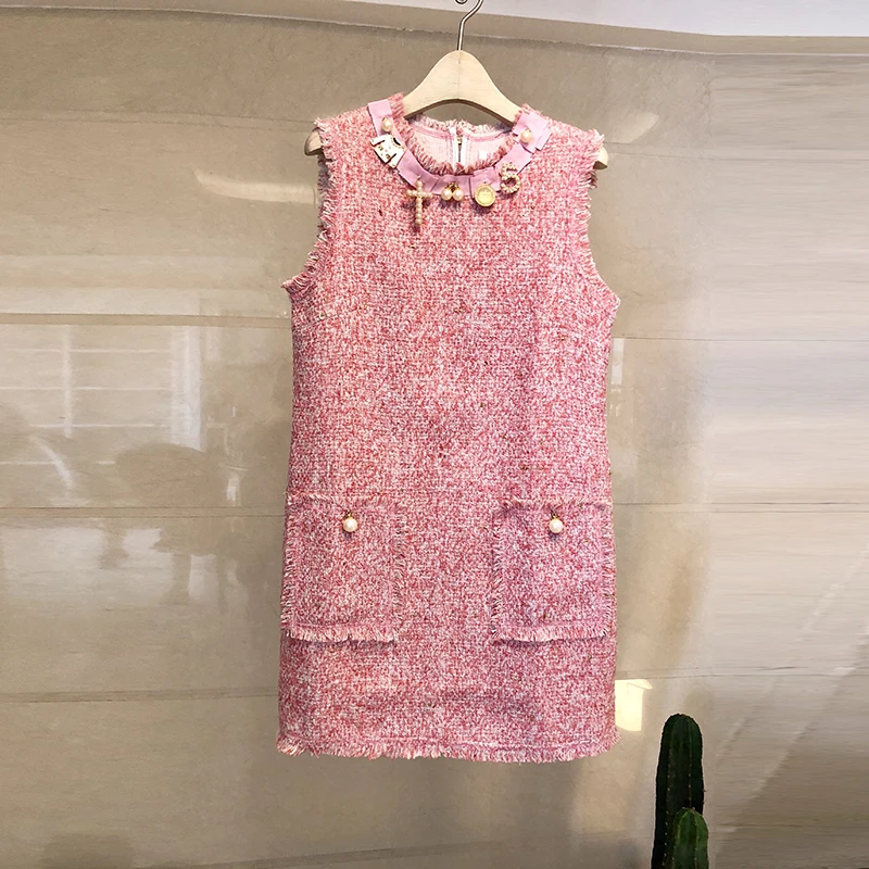 

Женское твидовое платье, элегантное подиумное платье во французском стиле с жемчужинами, круглым вырезом и бахромой, весна-осень