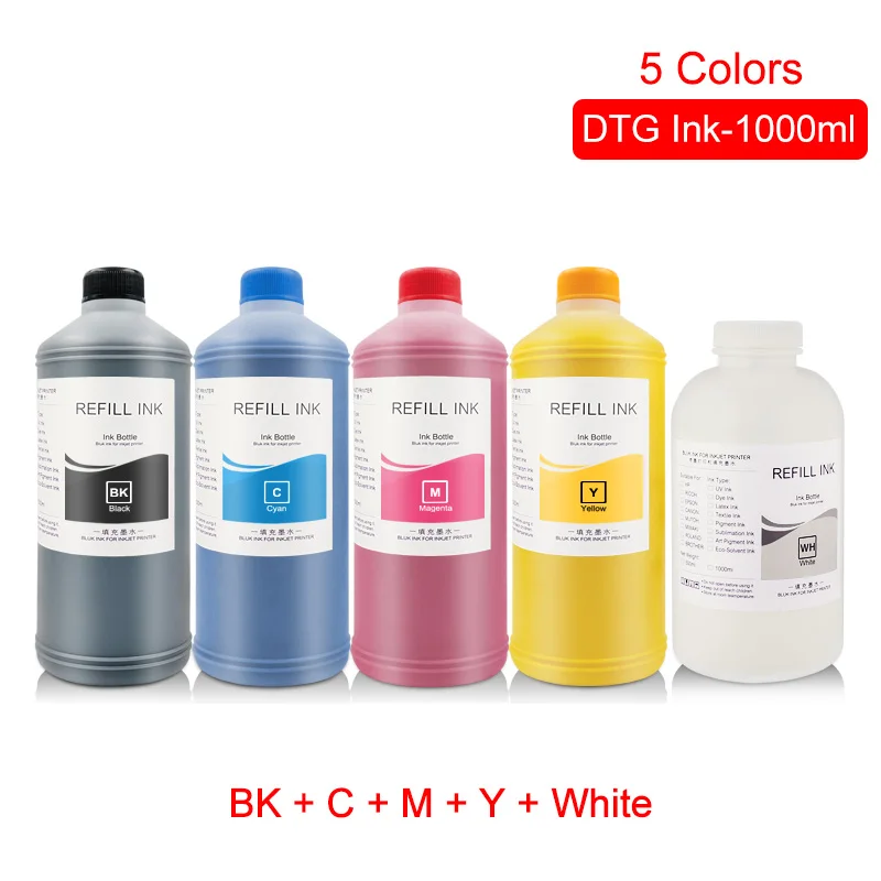 BK C M Y White 1000 мл чернила dtg для рисования на ткани одежды чернила для Epson DX5 DX7 R330 1390 1400 R1900 R2000 F2000 F2100(BK C M Y белый предварительной обработки - Цвет: BK C M Y White