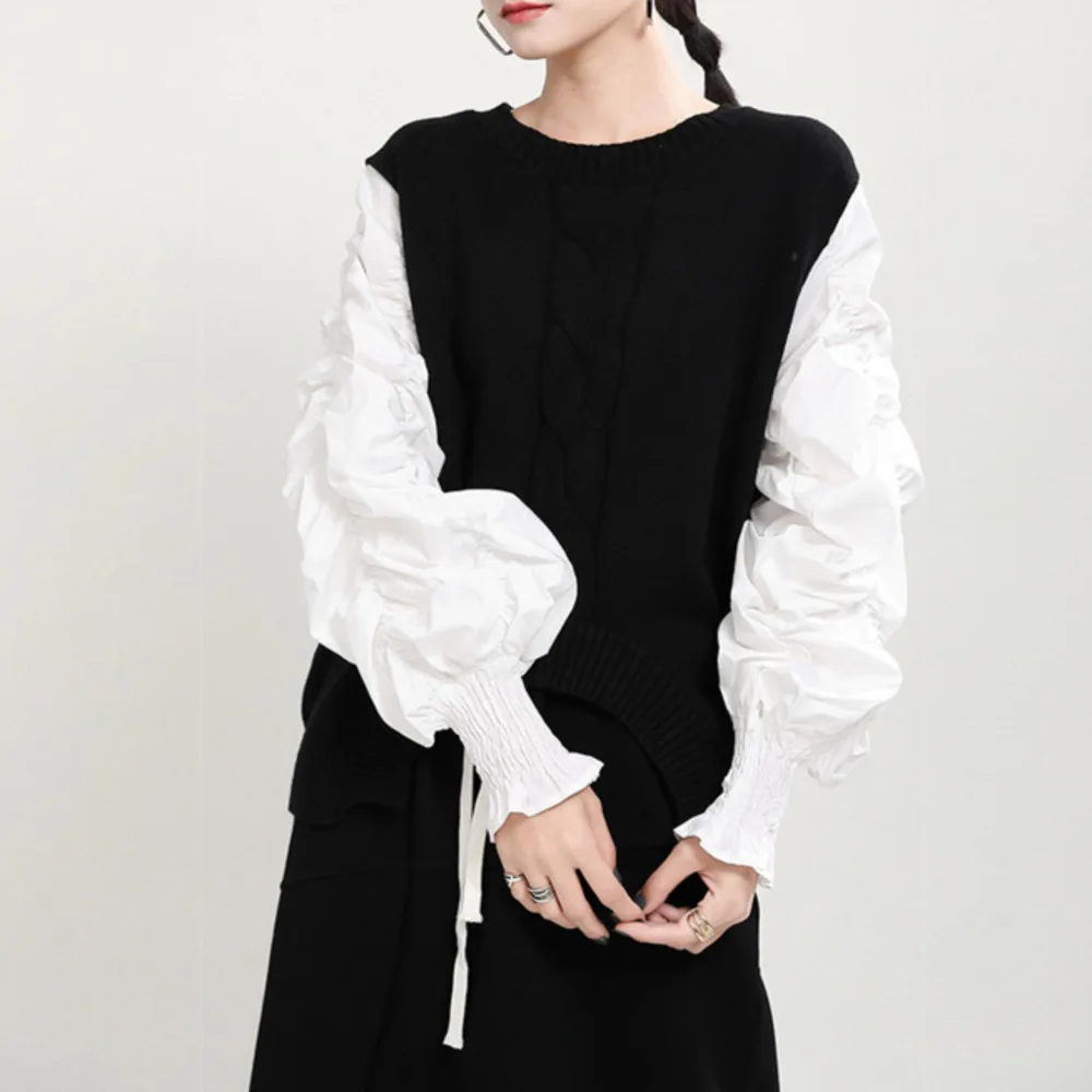 

Round Neck Knitted Autumn And Winter Women's Sweater 2020 Stitching Shirt Fake Two New Outer Wear Lazy Wind Long Sleeve Sweater