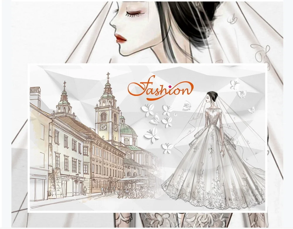 Пользовательские 3D обои роспись модное свадебное платье европейский город
