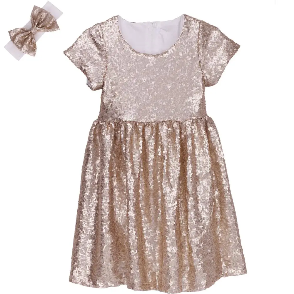 Champagne Glitter Sequin Dress Girl Baby Kids Sparkle Party Summer Prom Wedding Pageant Toddler Short Sleeve | Детская одежда и
