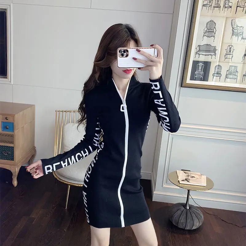 

Women's Sexy Dress Zipper Knitted Spring And Autumn Letters Dress