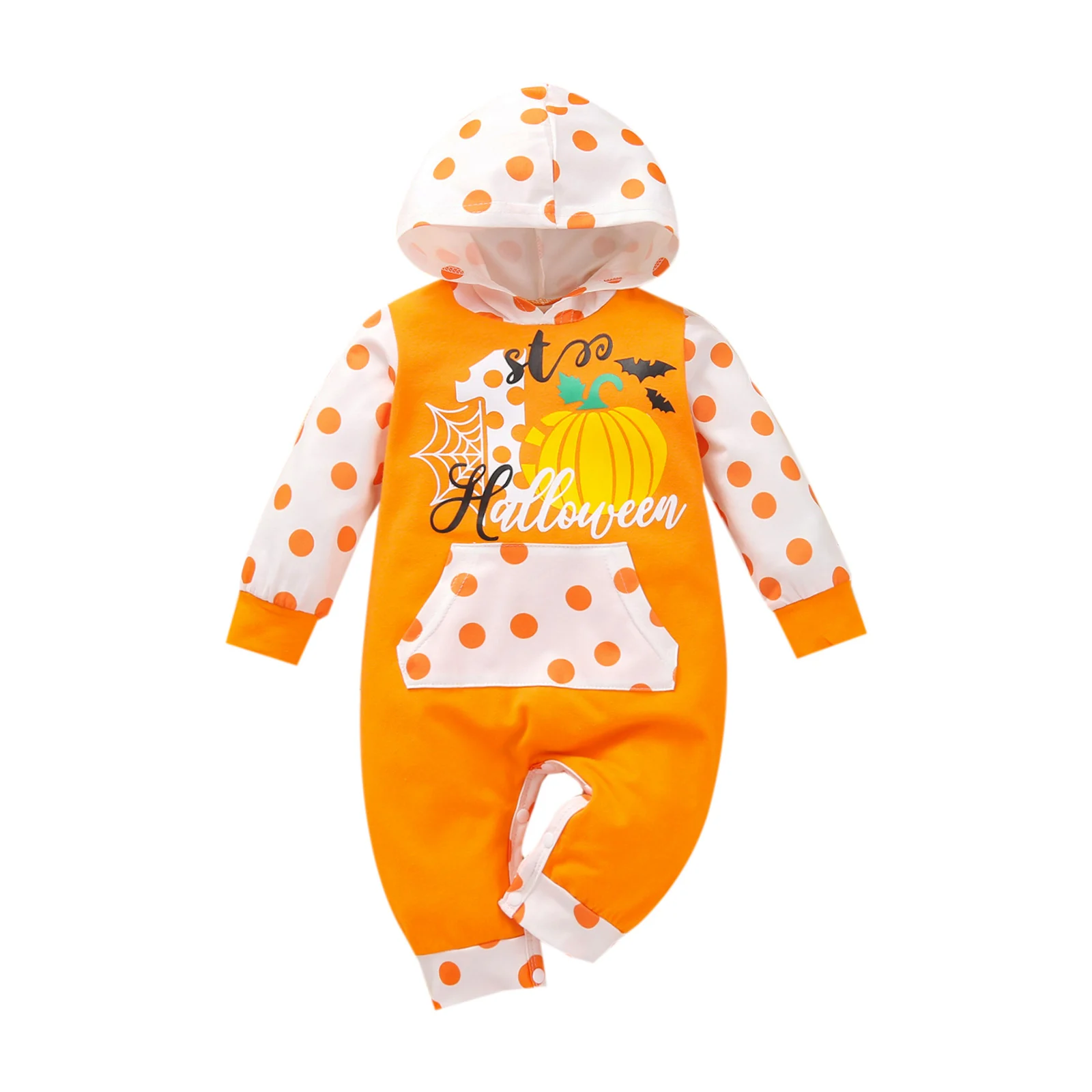 

Baby Halloween Jumpsuit Dots/Pumpkin Hooded Long Sleeves Romper With Buttons Clothes For Newborns Cotton Clothing Boys Girls Set