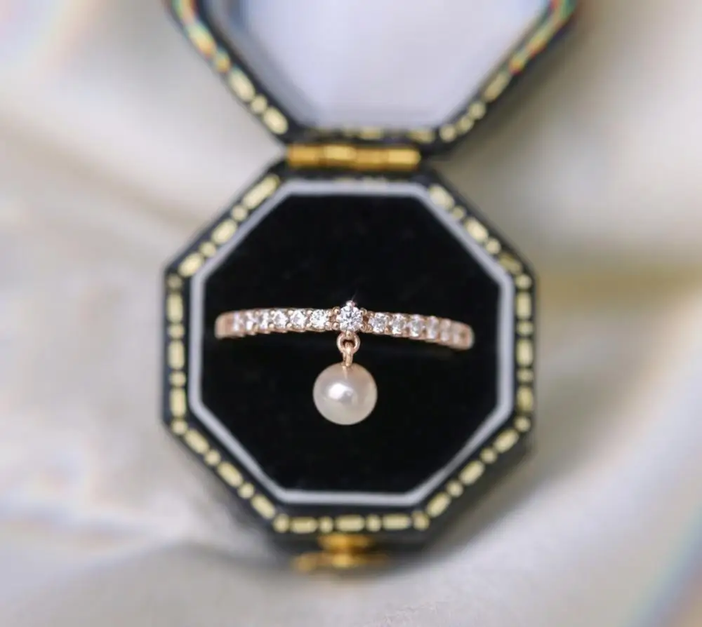 

Dainty Female White Pearl Pendant Ring Charm Rose Gold Color Engagement Ring Trendy Crystal Stone Thin Wedding Rings For Women